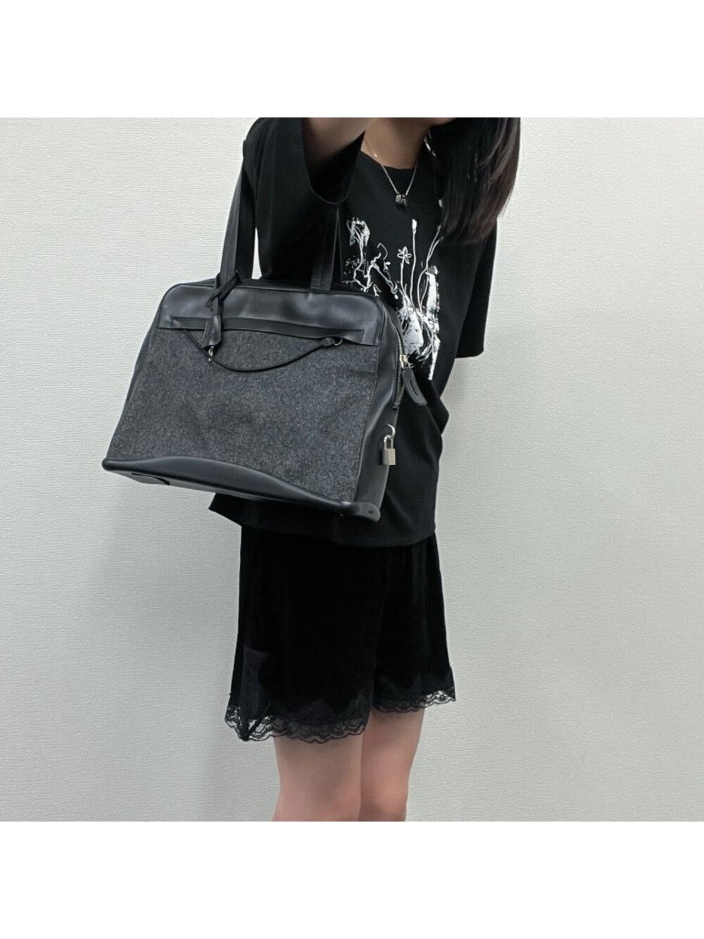 Prada Shoulder Bag Tweed Leather Gray Black Vintage